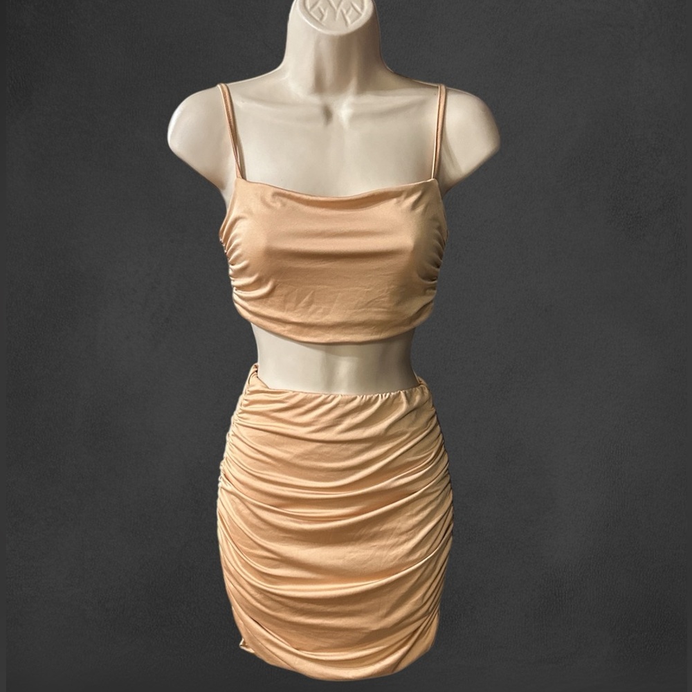 Beige 2 Piece Bodycon Ruched Skirt Set